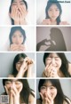 A series of photos of a woman covering her mouth with her hands.